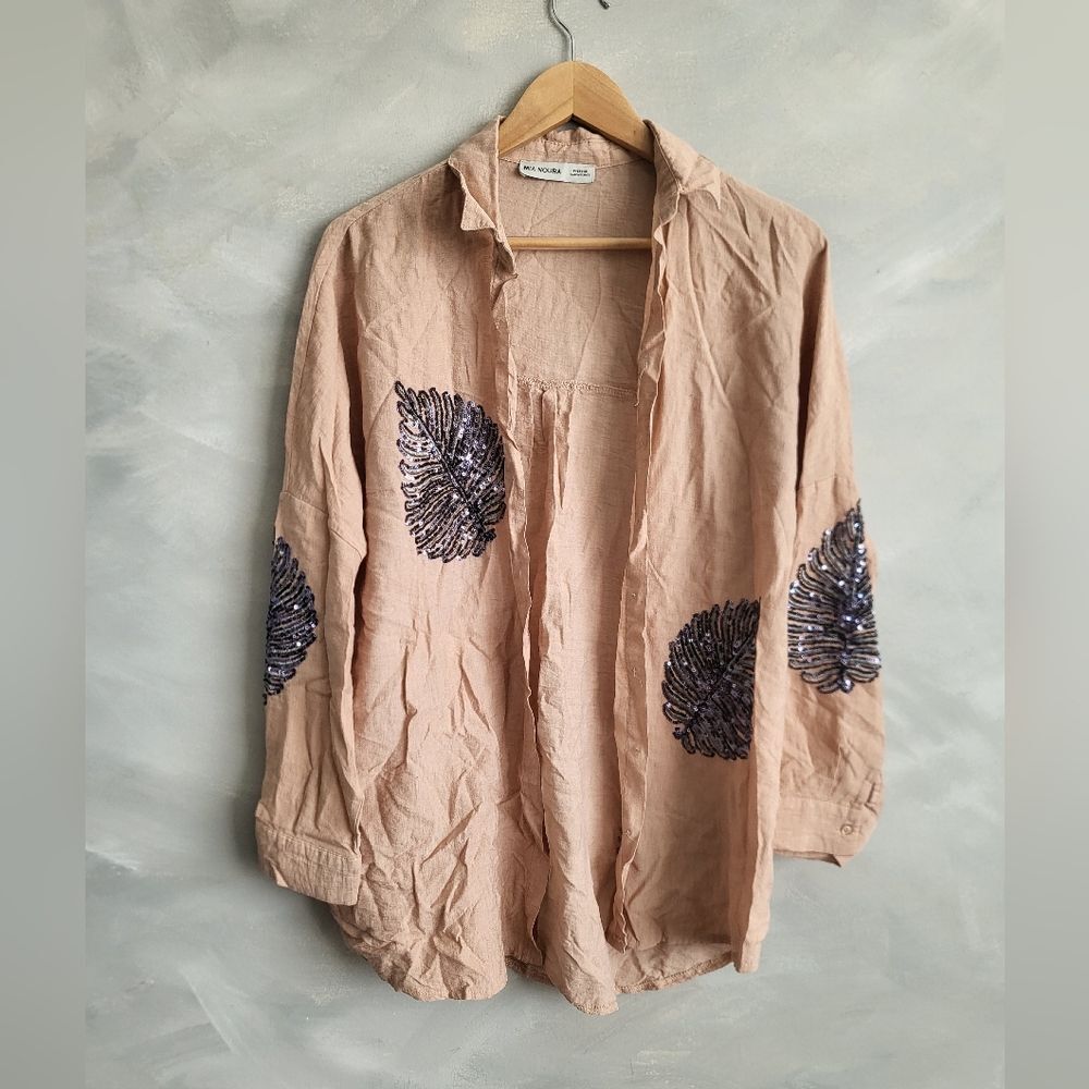 Mia Noura Sequin Leaves Embroidered Button Down Blouse Oversize Made in Turkey